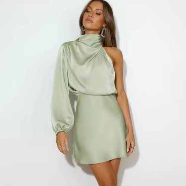Kvinne Asymmetrisk Kveldsdrakt One-Shoulder Satin 6