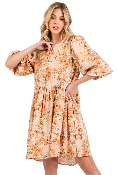 Kvinne Babydoll Mini Kjole Blomstermønster Linblanding 0