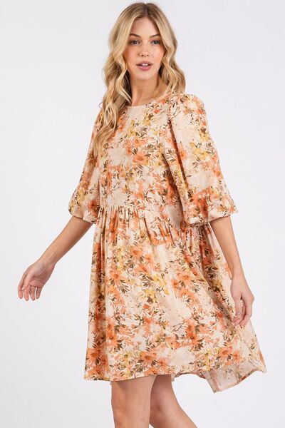Kvinne Babydoll Mini Kjole Blomstermønster Linblanding 1