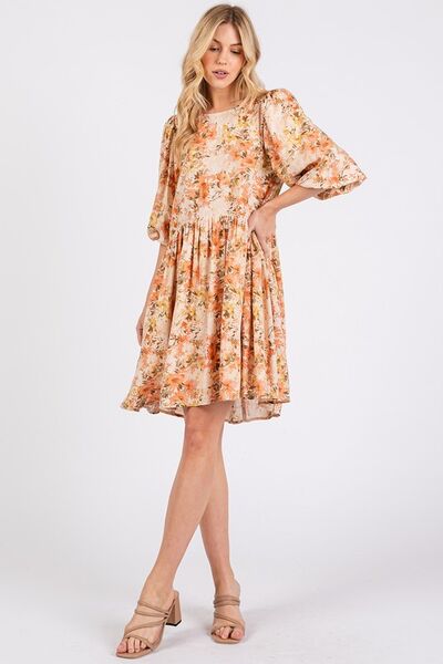 Kvinne Babydoll Mini Kjole Blomstermønster Linblanding 3