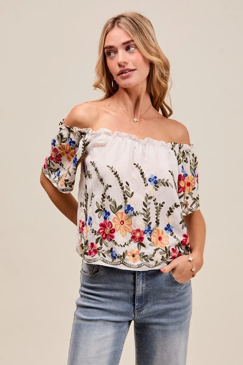 Kvinne Bluse Blomsterbroderi Ruffled Rayon Polyester 3