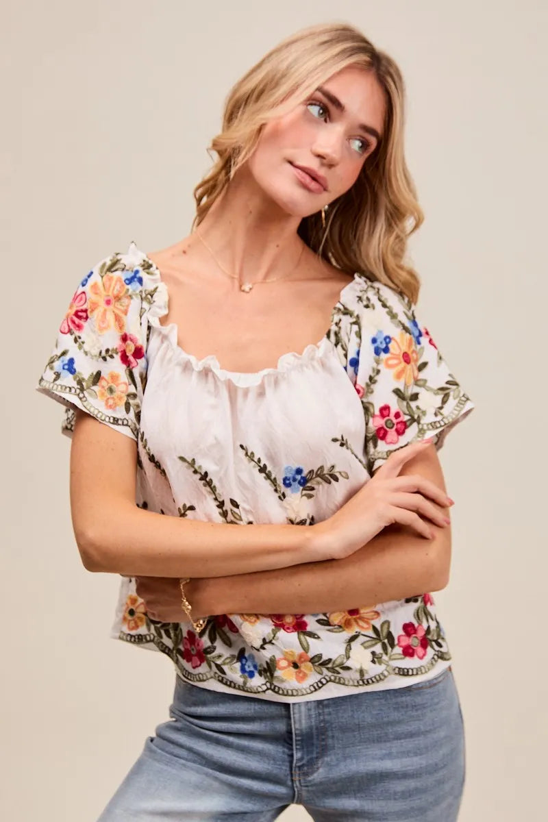 Kvinne Bluse Blomsterbroderi Ruffled Rayon Polyester 7