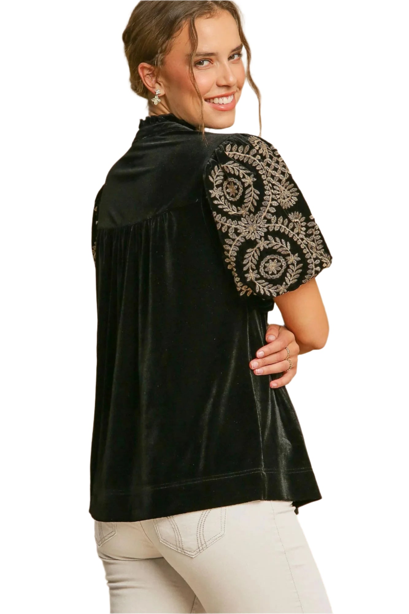 Kvinne Bluse Broderte Ermer Fløyel 2