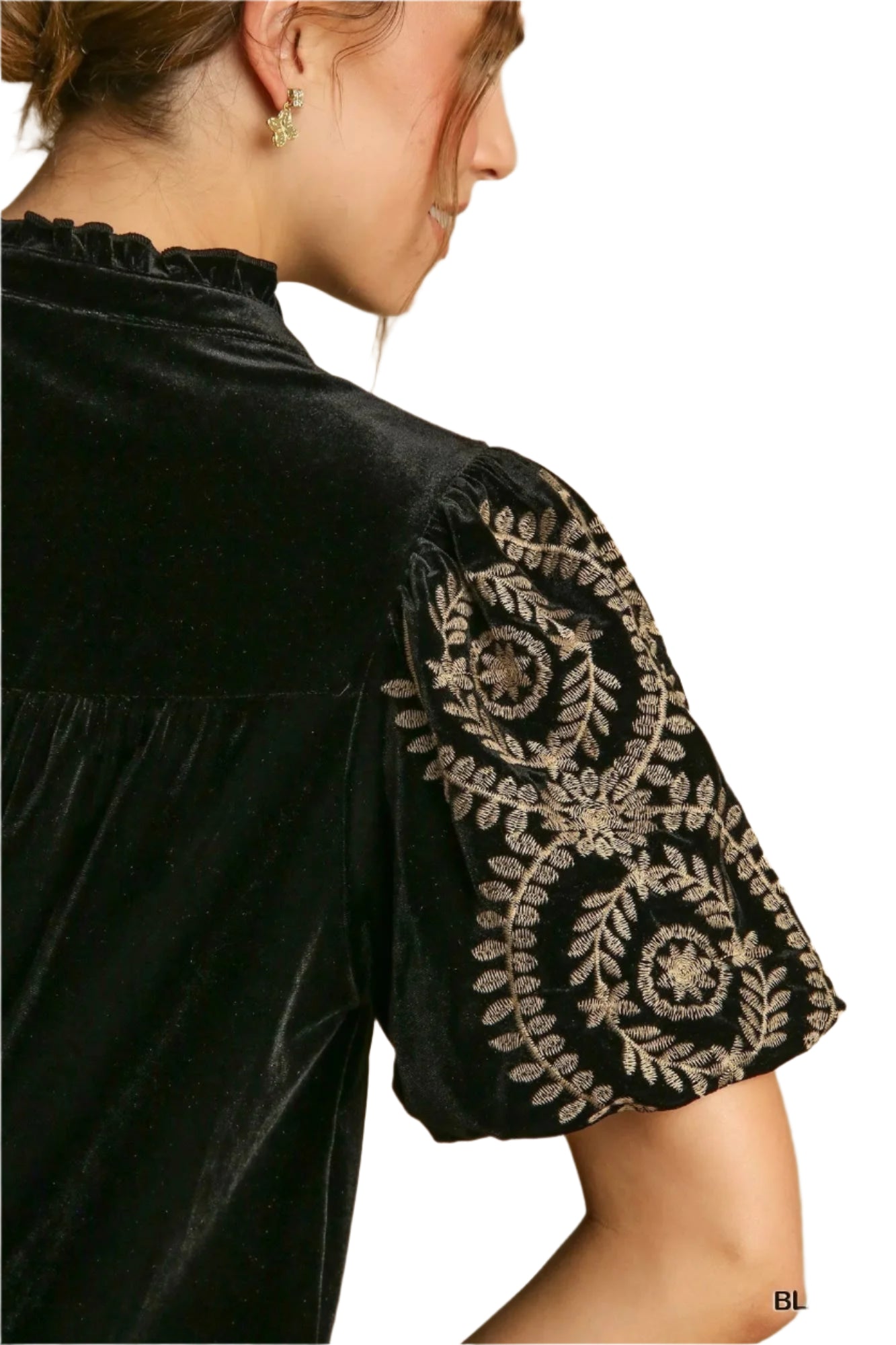 Kvinne Bluse Broderte Ermer Fløyel 3