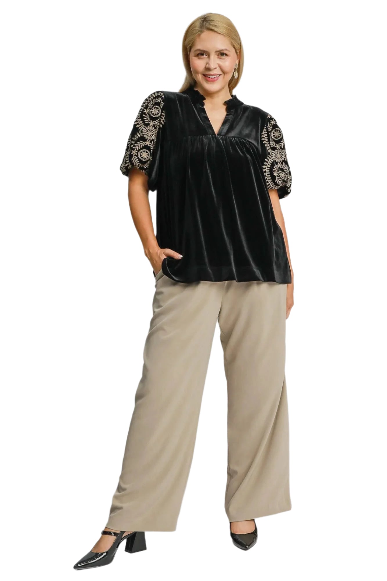 Kvinne Bluse Broderte Ermer Fløyel 4