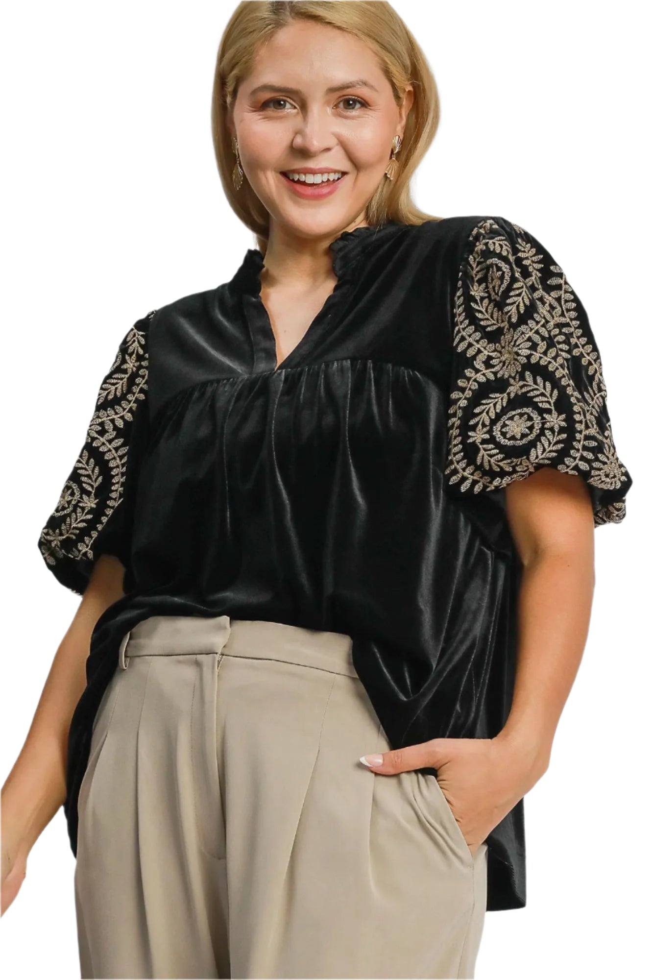 Kvinne Bluse Broderte Ermer Fløyel 5