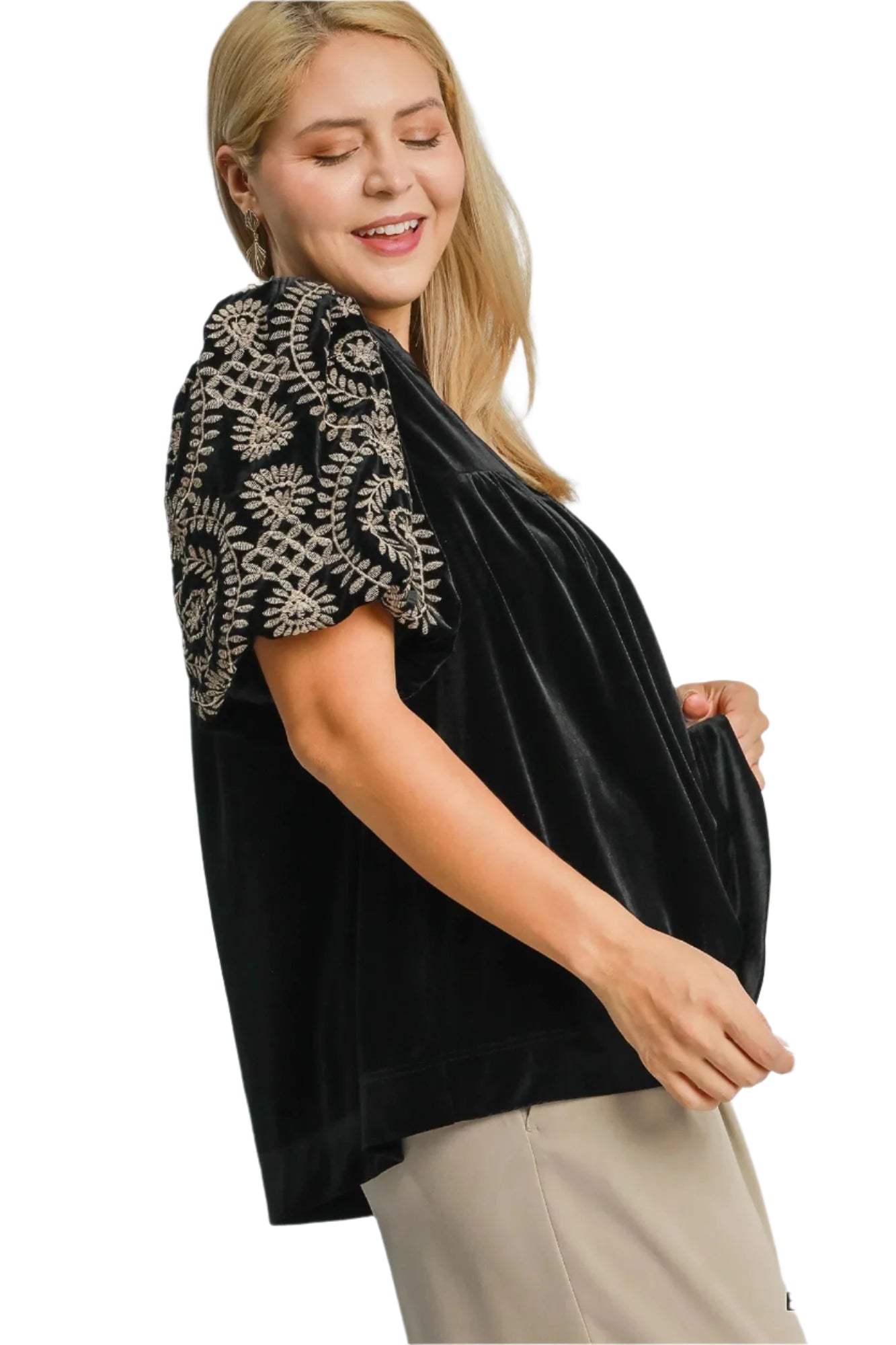 Kvinne Bluse Broderte Ermer Fløyel 6