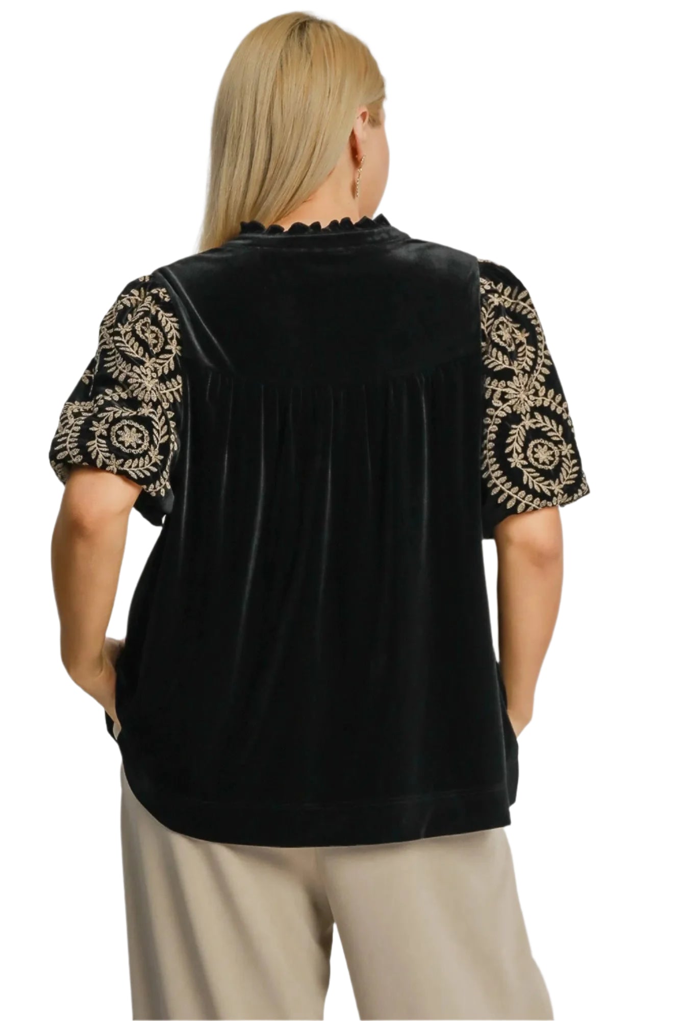 Kvinne Bluse Broderte Ermer Fløyel 7