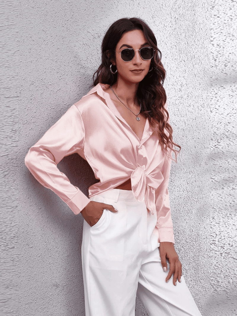 Kvinne Bluse Langermet Satin Komfortabel Stil 10