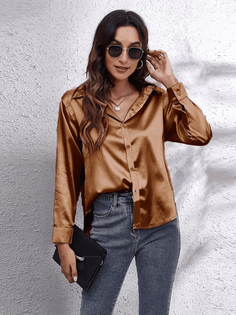 Kvinne Bluse Langermet Satin Komfortabel Stil 12