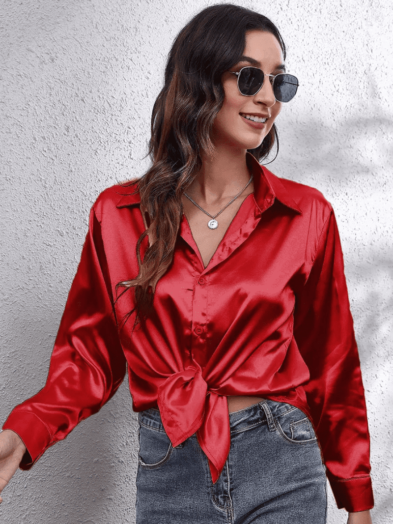 Kvinne Bluse Langermet Satin Komfortabel Stil 13