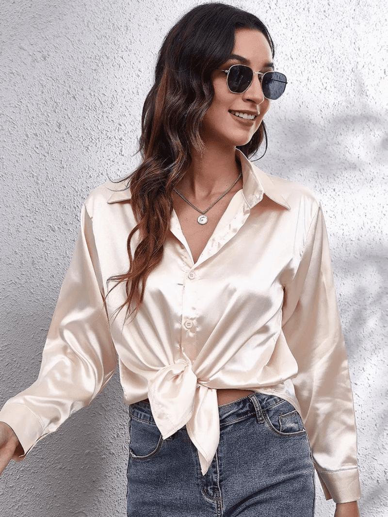 Kvinne Bluse Langermet Satin Komfortabel Stil 2