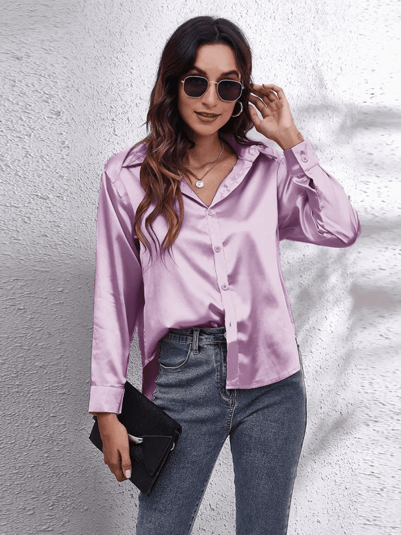 Kvinne Bluse Langermet Satin Komfortabel Stil 3