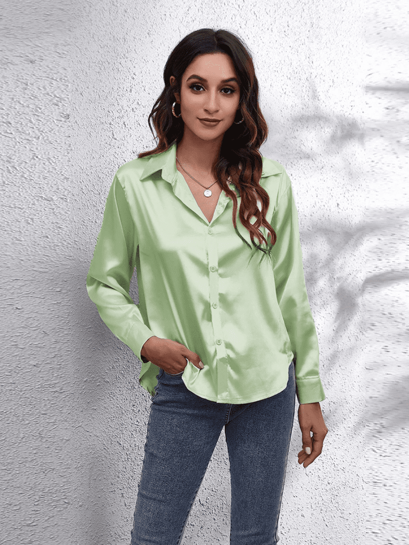 Kvinne Bluse Langermet Satin Komfortabel Stil 4