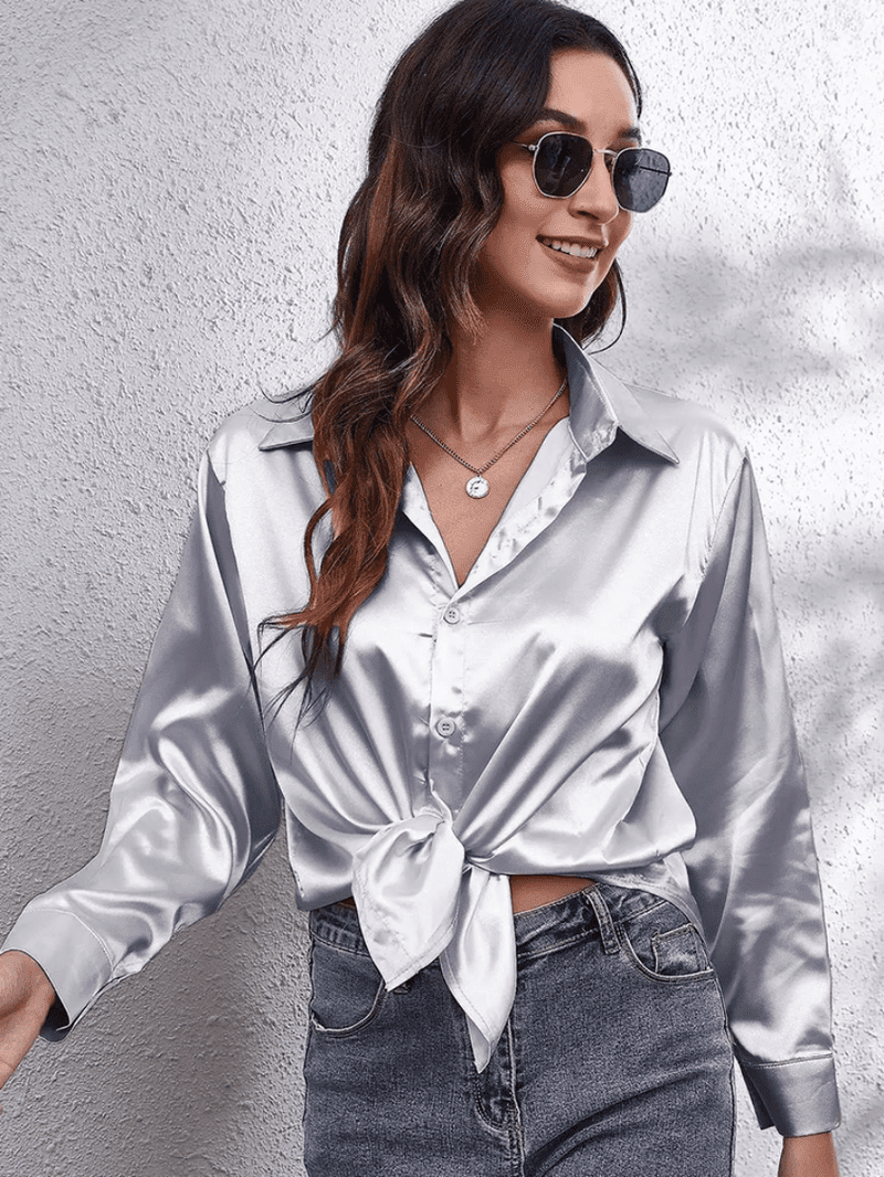 Kvinne Bluse Langermet Satin Komfortabel Stil 7