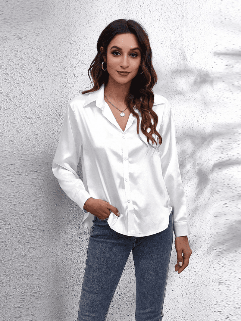 Kvinne Bluse Langermet Satin Komfortabel Stil 9