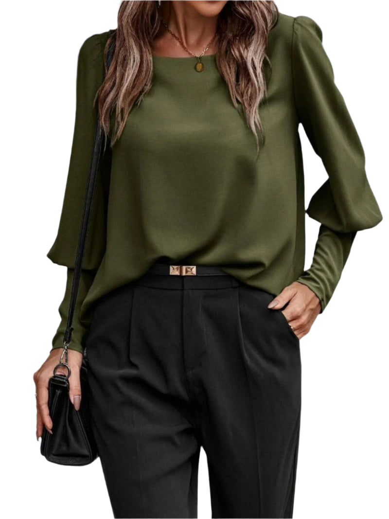 Kvinne Bluse Rund Hals Lanternermansjetter Polyester 0