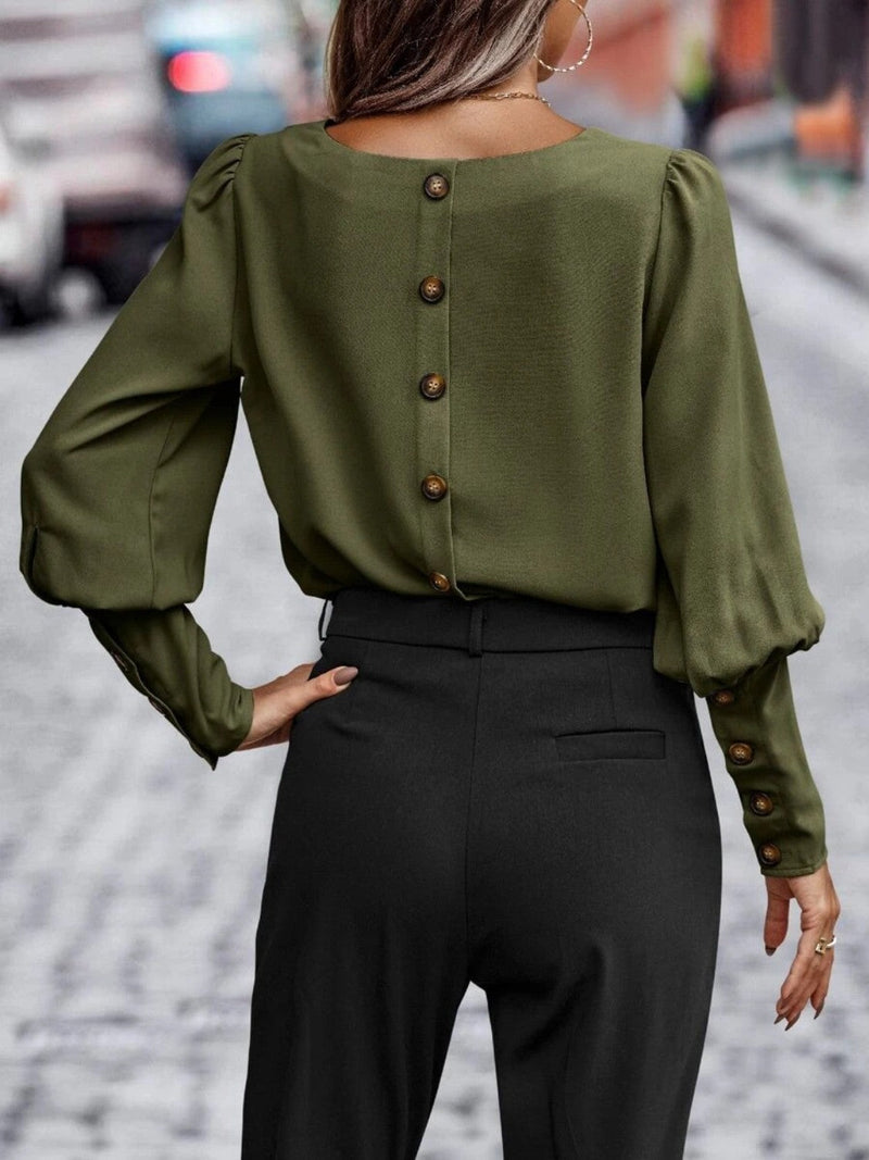 Kvinne Bluse Rund Hals Lanternermansjetter Polyester 1