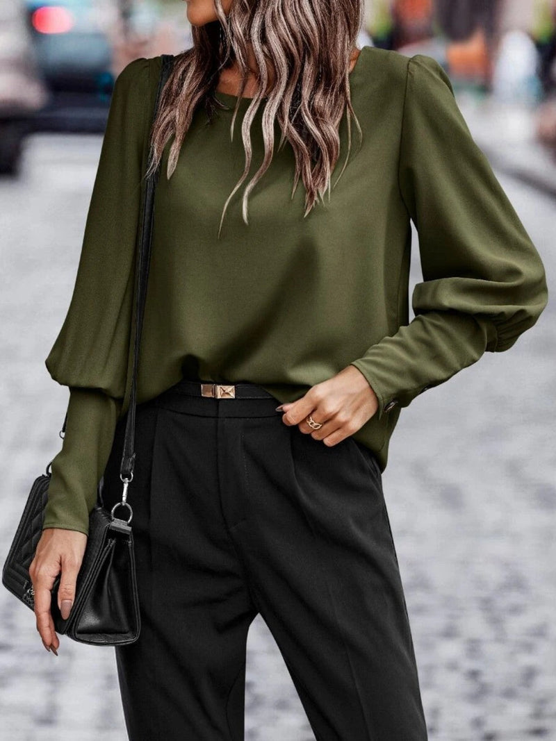 Kvinne Bluse Rund Hals Lanternermansjetter Polyester 2