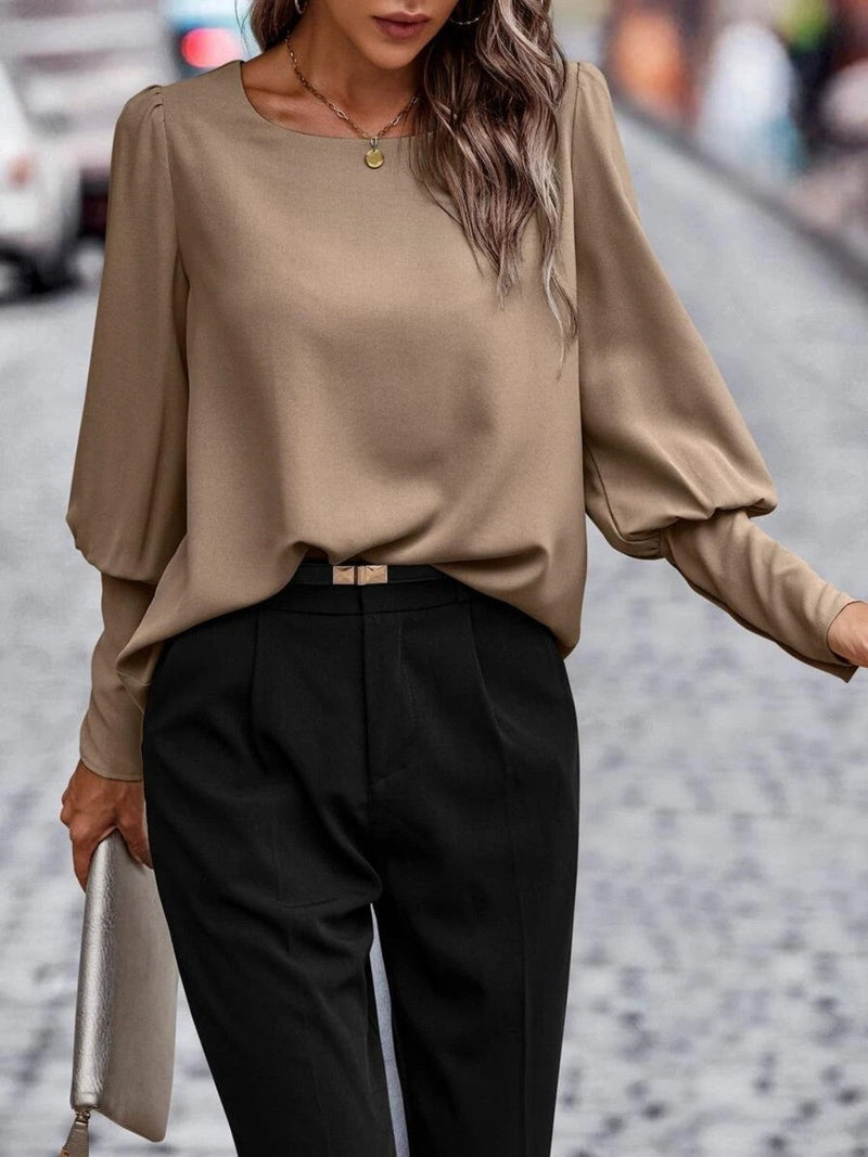 Kvinne Bluse Rund Hals Lanternermansjetter Polyester 3