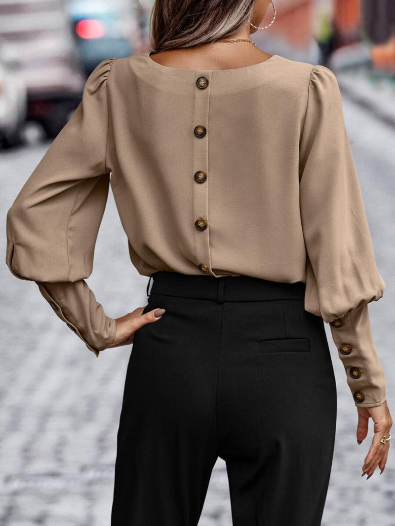Kvinne Bluse Rund Hals Lanternermansjetter Polyester 5