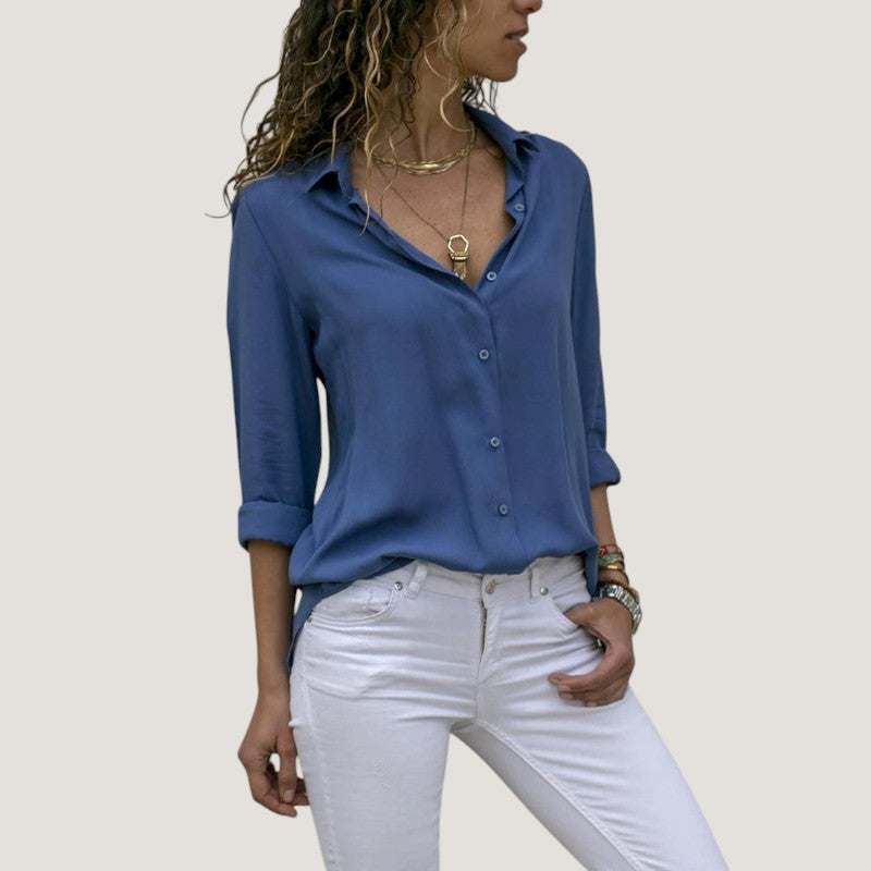 Kvinne Bluse V-hals Chiffon Langermet Med Knapp 1