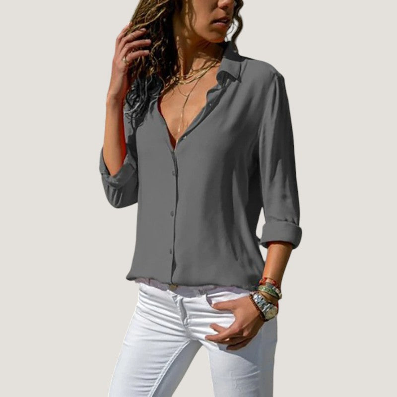 Kvinne Bluse V-hals Chiffon Langermet Med Knapp 2