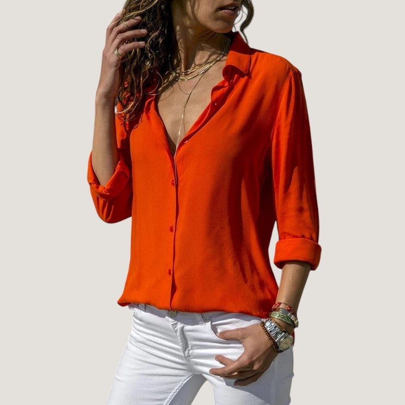 Kvinne Bluse V-hals Chiffon Langermet Med Knapp 5