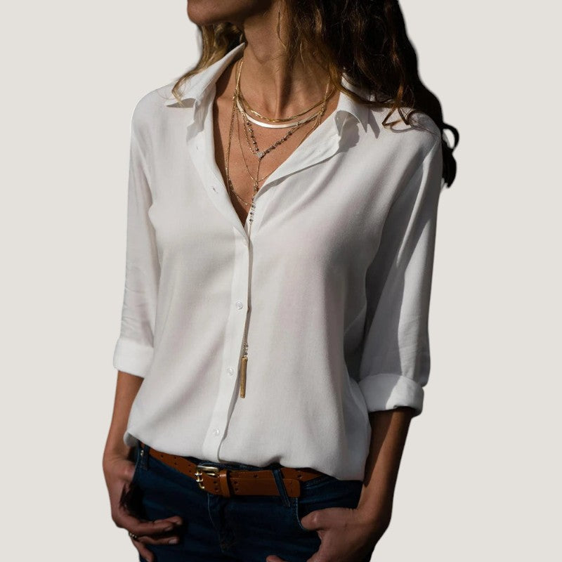 Kvinne Bluse V-hals Chiffon Langermet Med Knapp 6