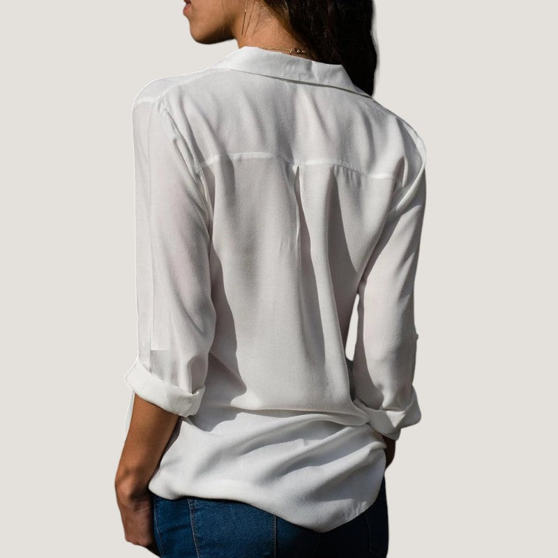 Kvinne Bluse V-hals Chiffon Langermet Med Knapp 7