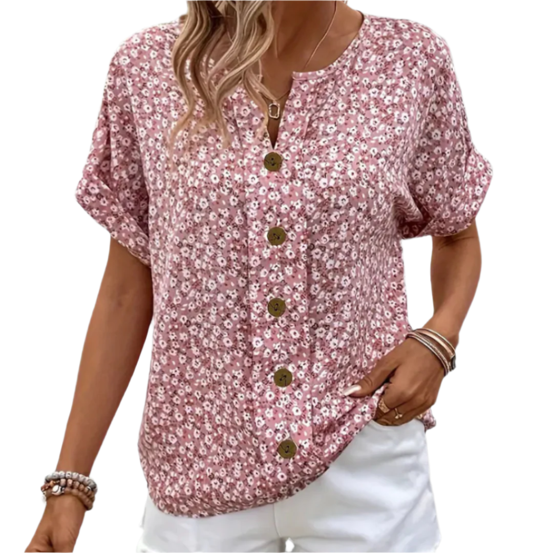 Kvinne Bluse med Blomsterprint og Treknapper 0