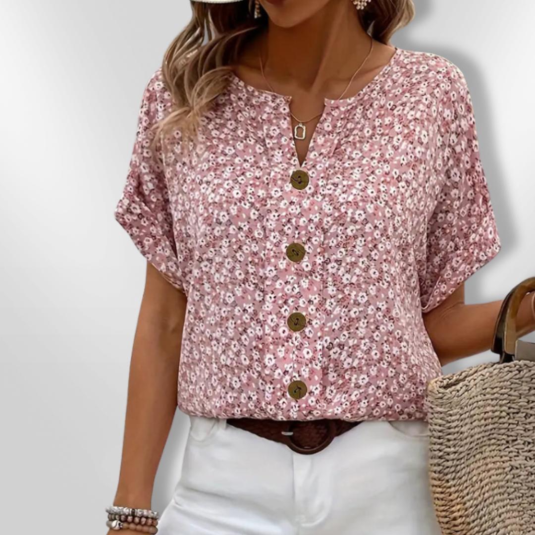 Kvinne Bluse med Blomsterprint og Treknapper 1