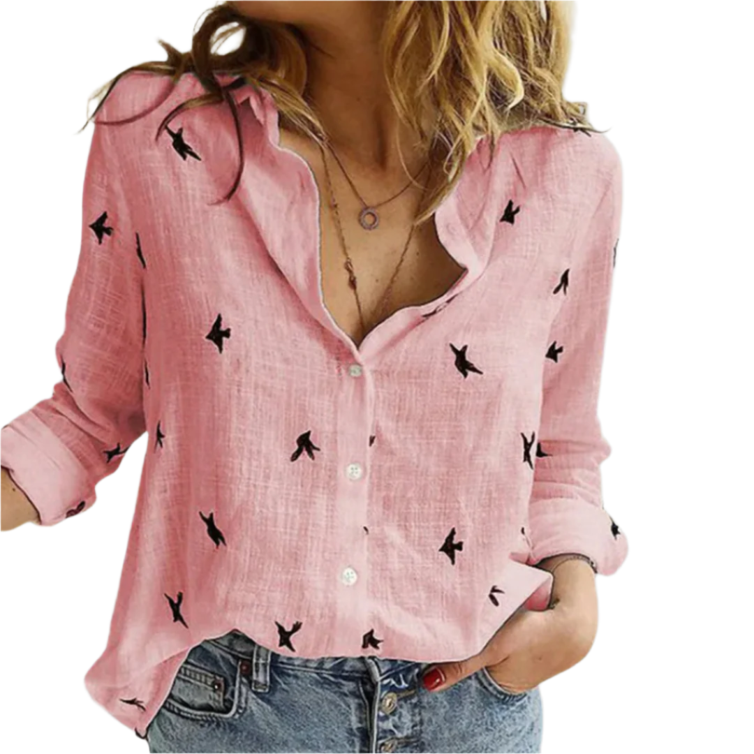 Kvinne Chemise Boutonnée Fuglemønster Myk Bomull 0