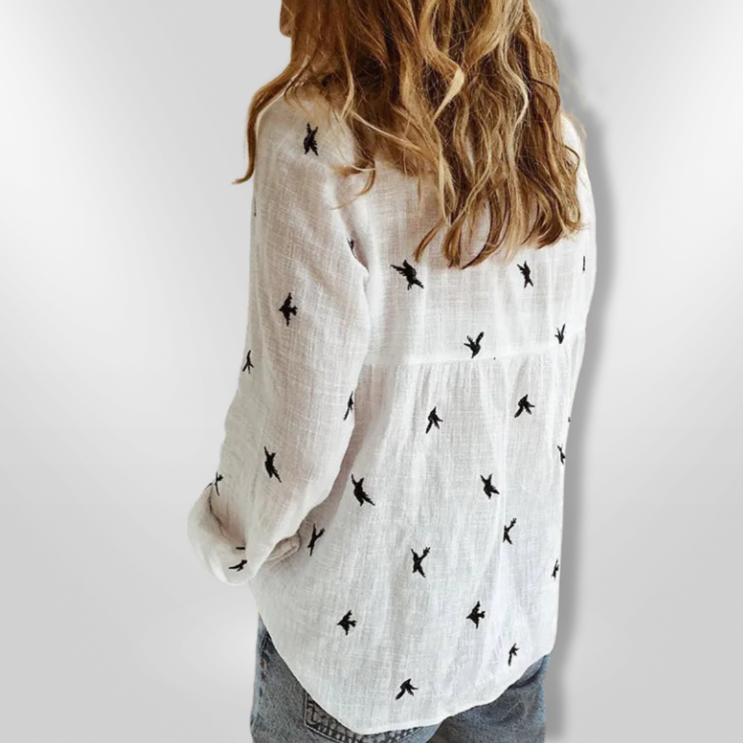 Kvinne Chemise Boutonnée Fuglemønster Myk Bomull 3