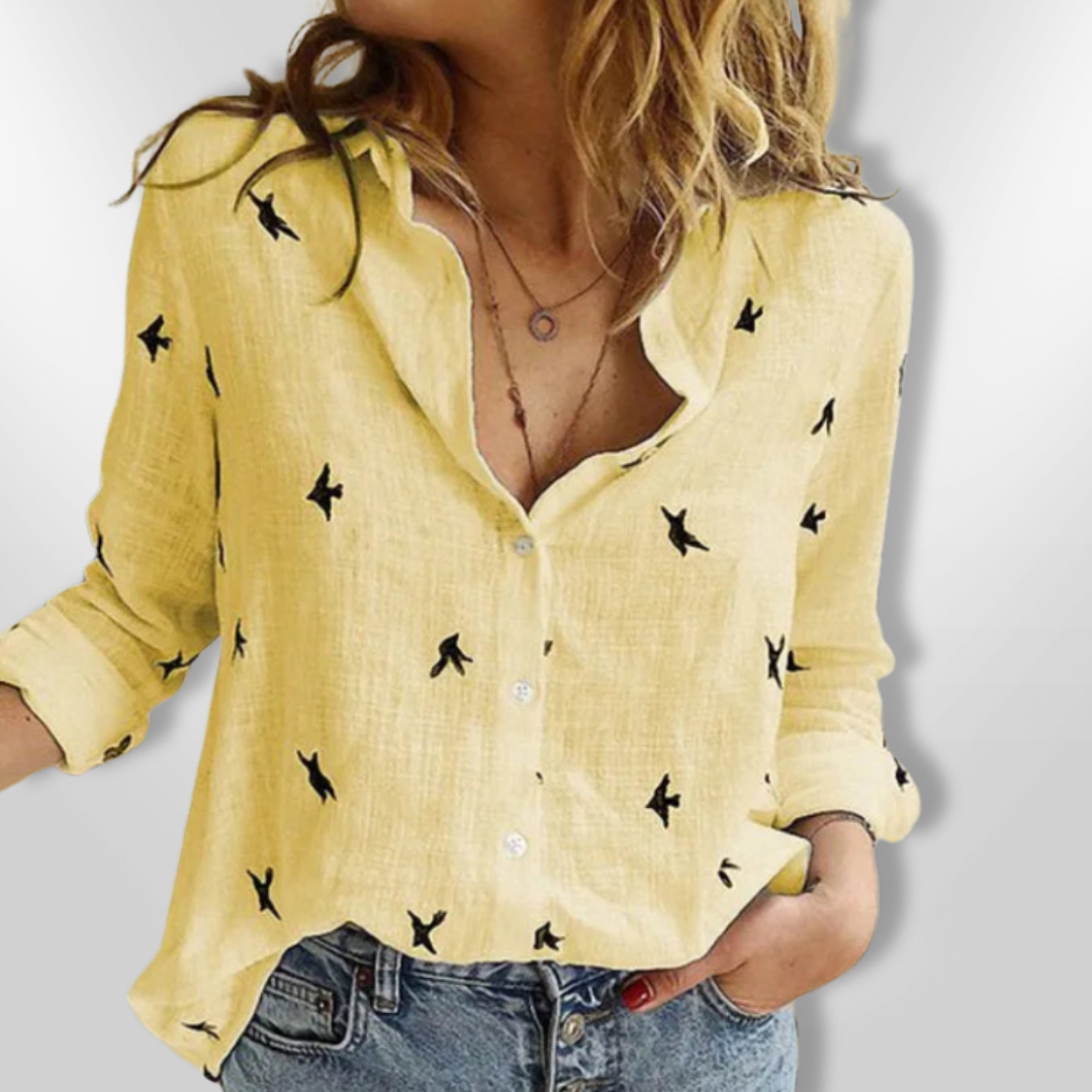 Kvinne Chemise Boutonnée Fuglemønster Myk Bomull 4