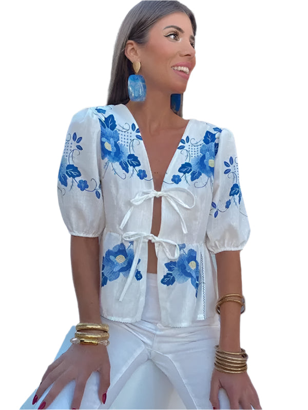 Kvinne Crop Top V-Hals Blomstertrykk Lin Polyester 0