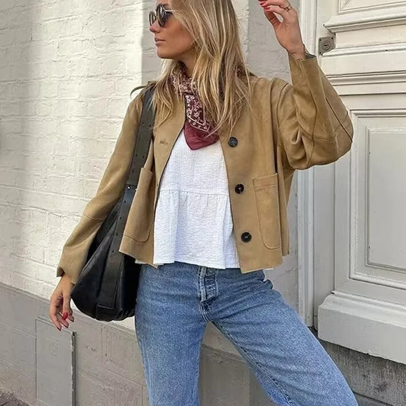 Kvinne Cropped Blazer Jakke med Lange Ermer og Skreddersydd Passform 1