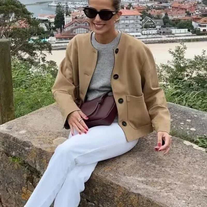 Kvinne Cropped Blazer Jakke med Lange Ermer og Skreddersydd Passform 2