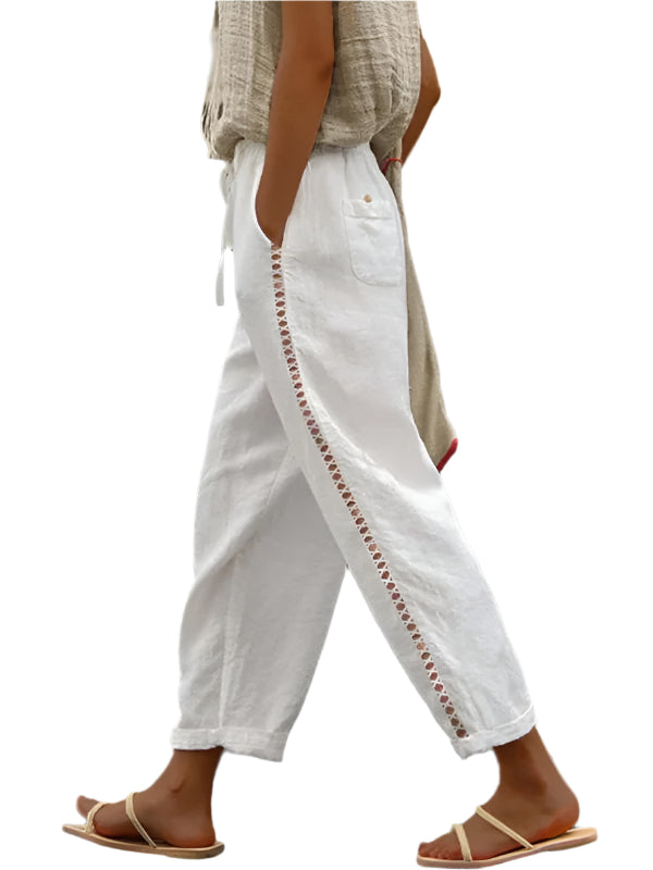 Kvinne Cropped Bukser i Solid Farge i Bomull og Lin 0