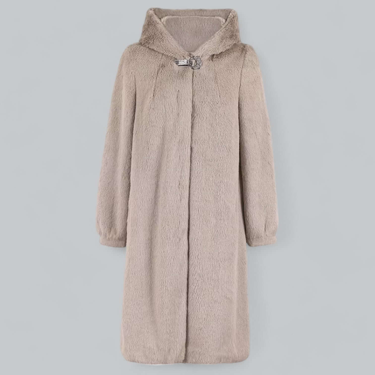 Kvinne Faux Fur Kåpe - Skreddersydd Passform - Kne Lengde - Hette med Knapplukking 1