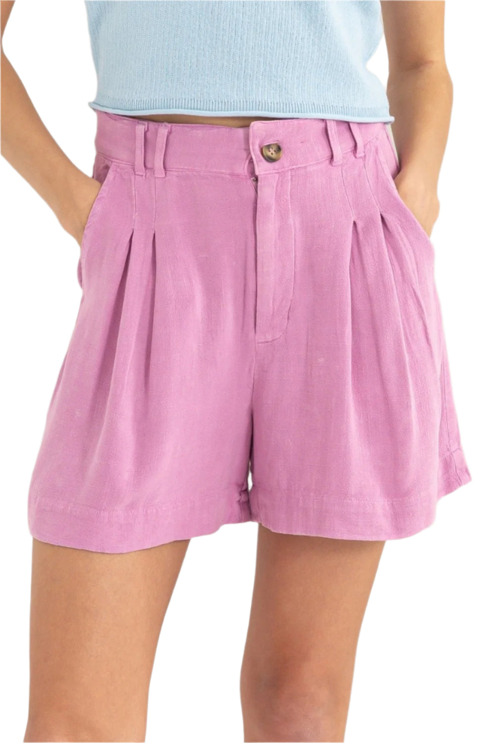 Kvinne High Waist Linshorts med Plisseringer 0