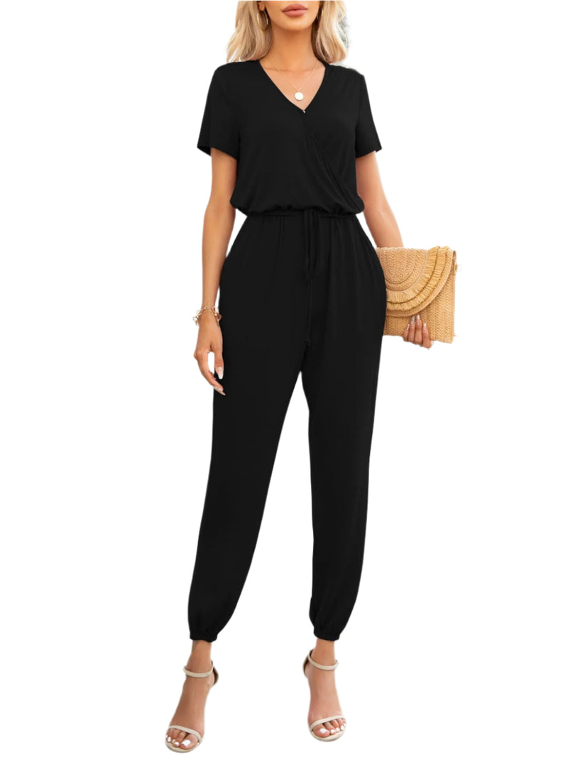 Kvinne Jumpsuit med Kort Erme V-Hals og Lommer 0