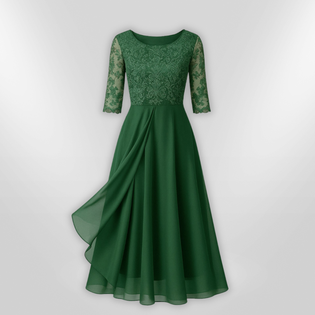 Kvinne Klassisk Kjole med Asymmetrisk Skjørt og Blonde Detaljer 3