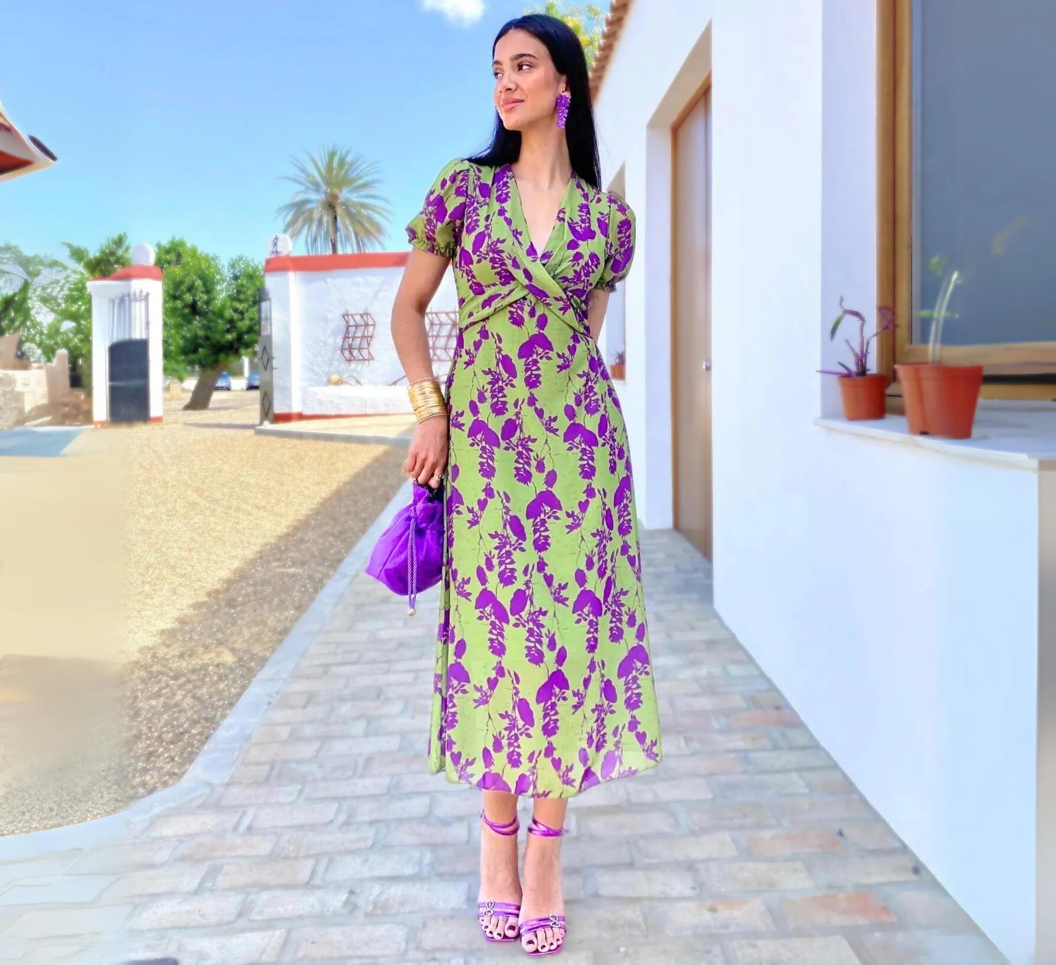 Kvinne Kortermet Kjole Med Trykk Bomull Polyester 3