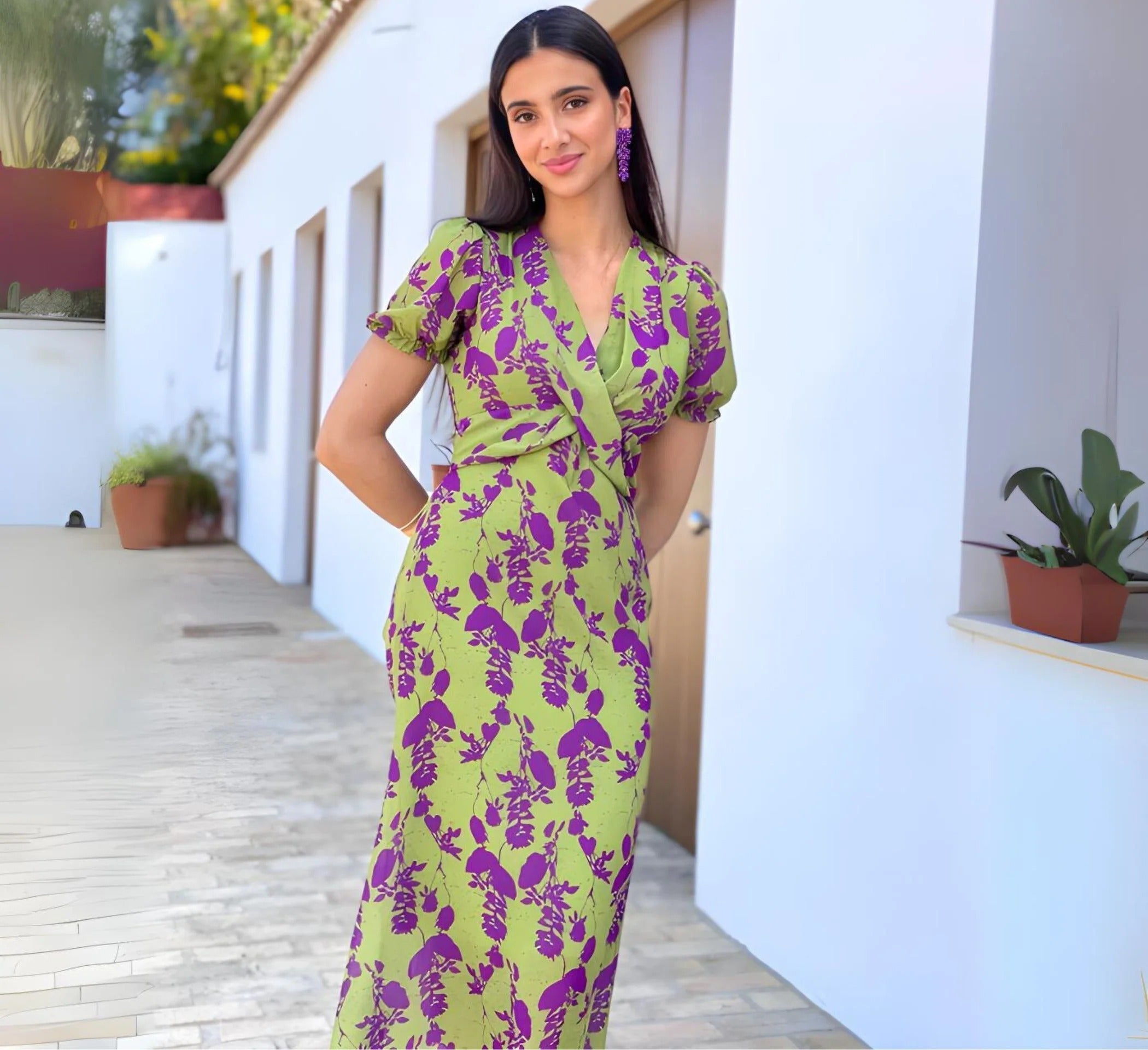 Kvinne Kortermet Kjole Med Trykk Bomull Polyester 4