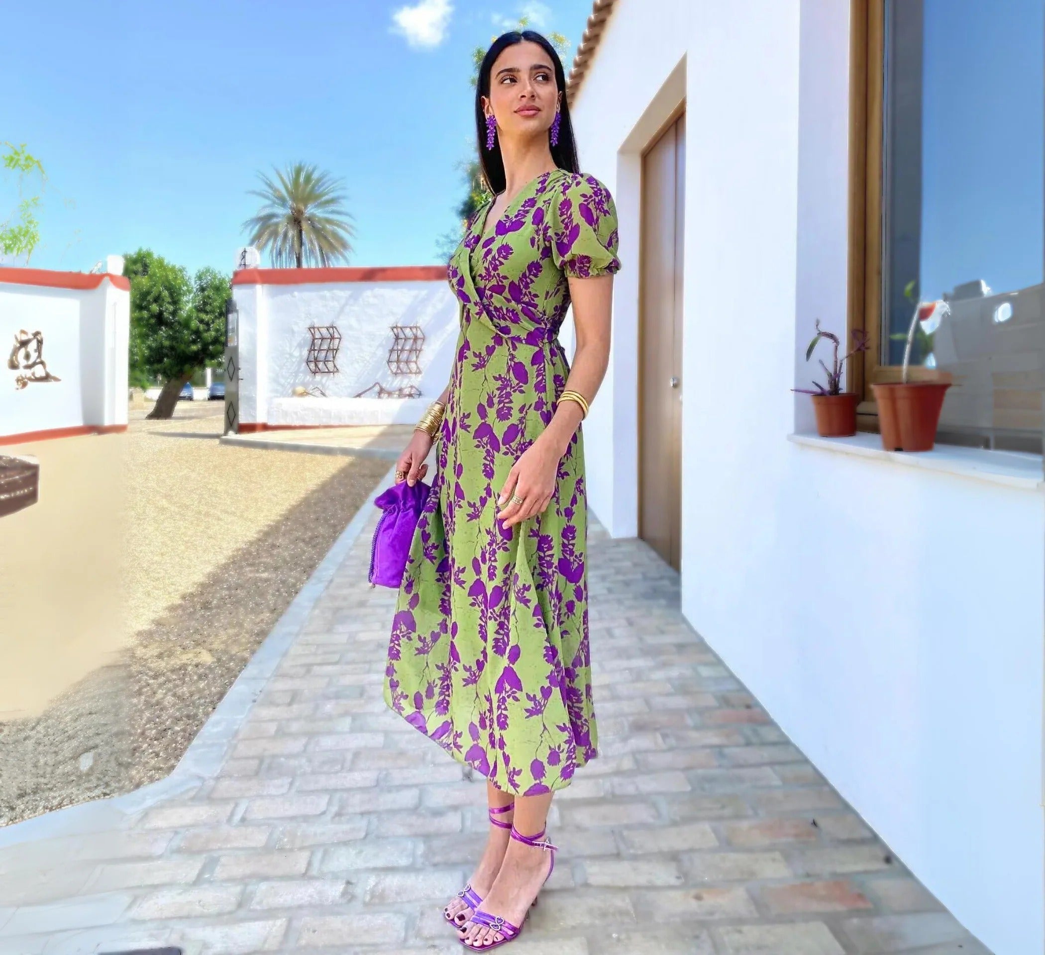 Kvinne Kortermet Kjole Med Trykk Bomull Polyester 5