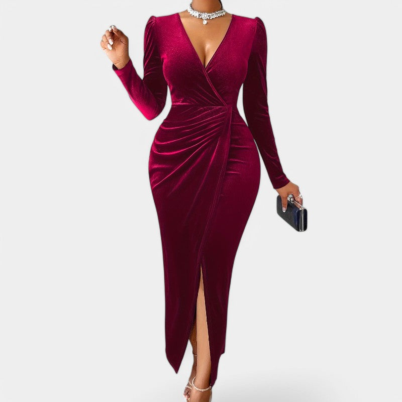 Kvinne Lang Kjole V-hals Lange Ermer Polyester Bodycon 5