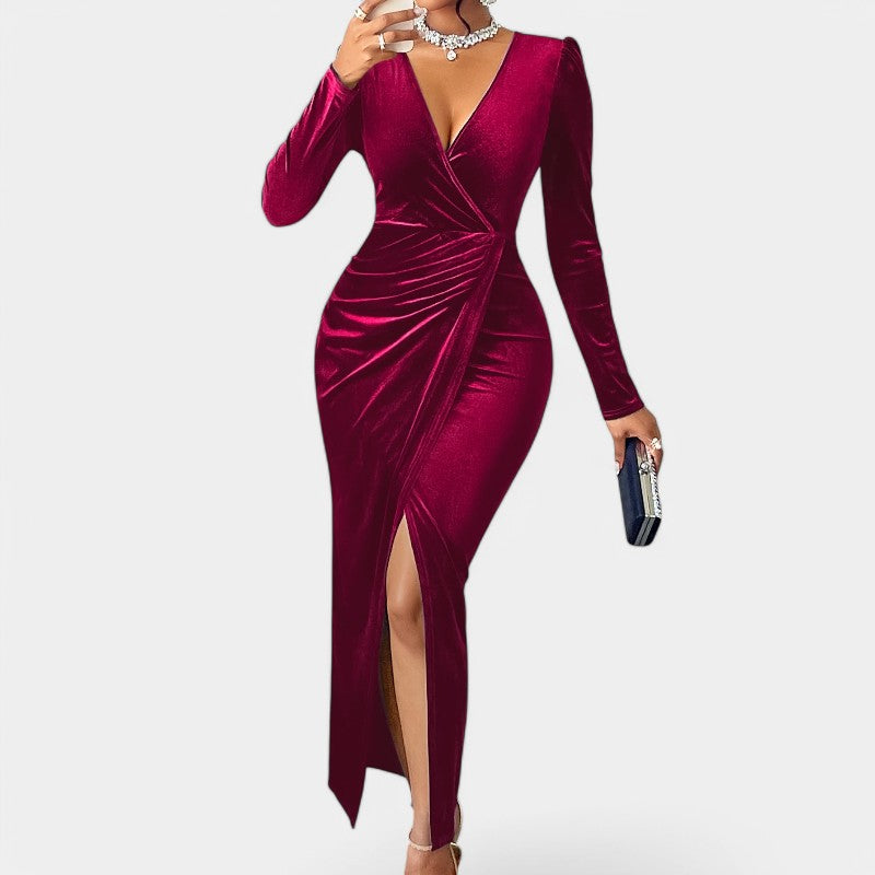Kvinne Lang Kjole V-hals Lange Ermer Polyester Bodycon 6