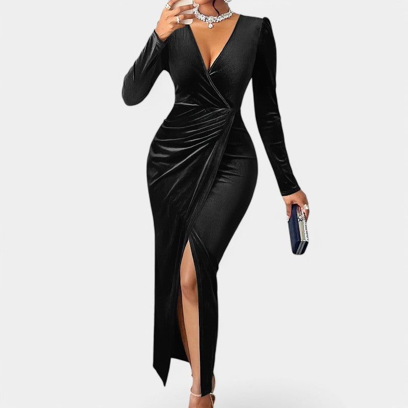 Kvinne Lang Kjole V-hals Lange Ermer Polyester Bodycon 9