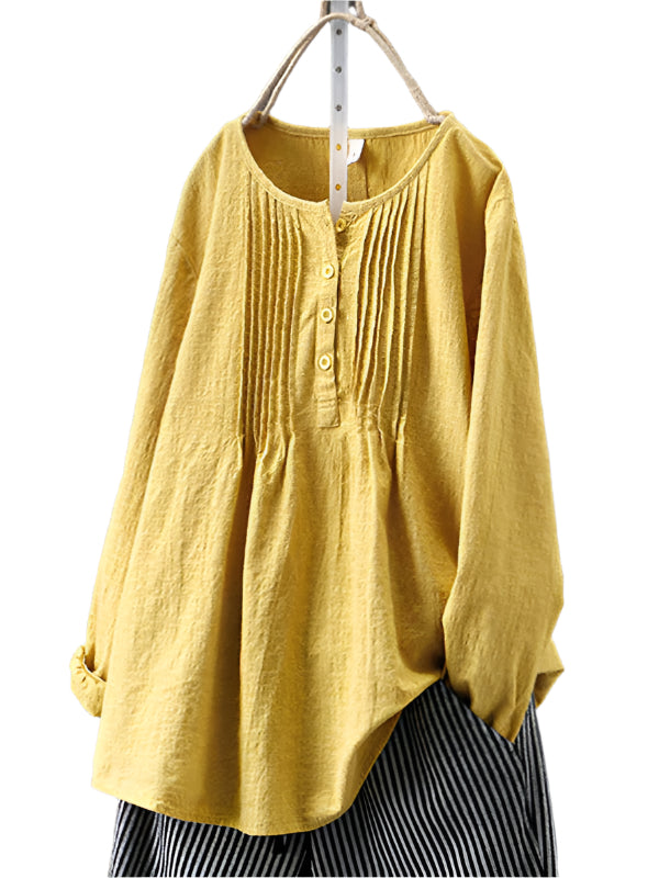Kvinne Langermet Skjorte Rund Hals Plisserte Bomull Lin 0
